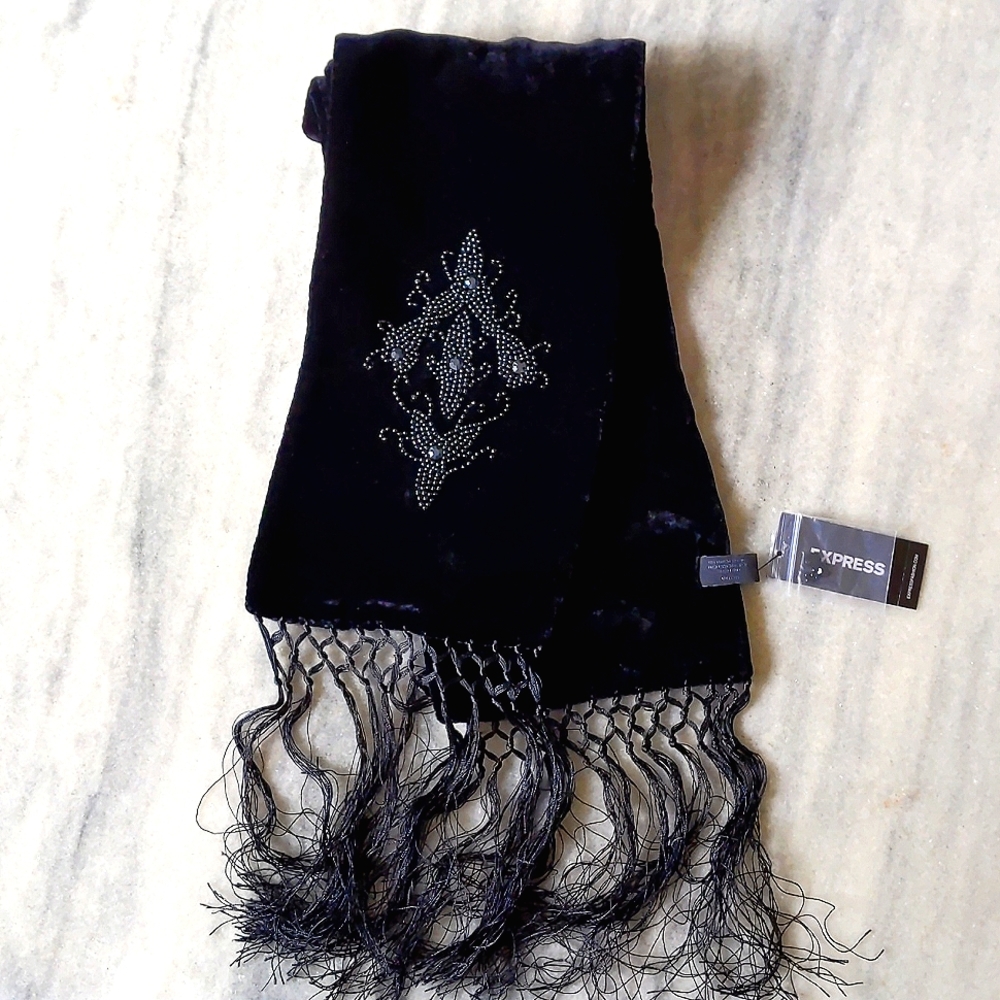 NWT. Express Woman's Rayon/Silk blended velvet scarf with beads embroidery.